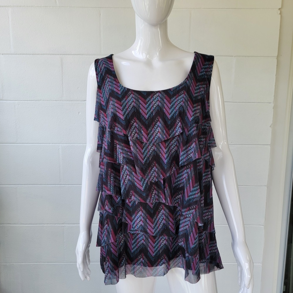 Notations Sleeveless Tiered Ruffle Top Blouse Black‎ Geometric Pattern Women 1X